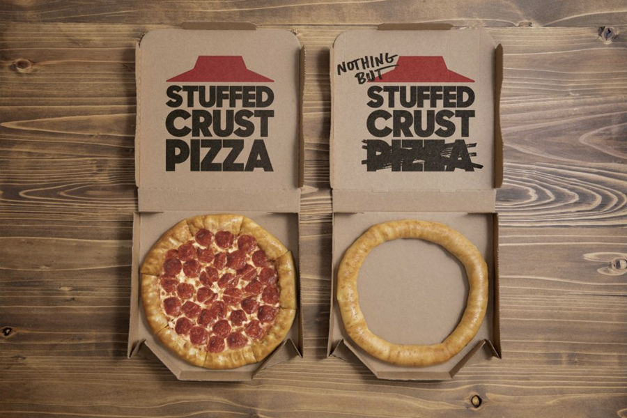 Pizza Hut boxes of a stuffed crust pizza and a Nothing but stuffed crust