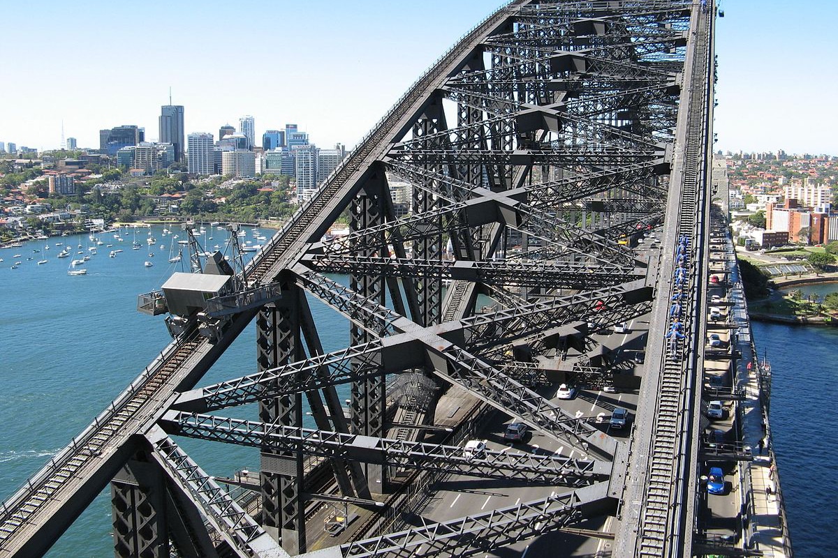 Breathtaking view from the Sydney Harbour Bridge Walk showcasing the city skyline and bustling traffic below.