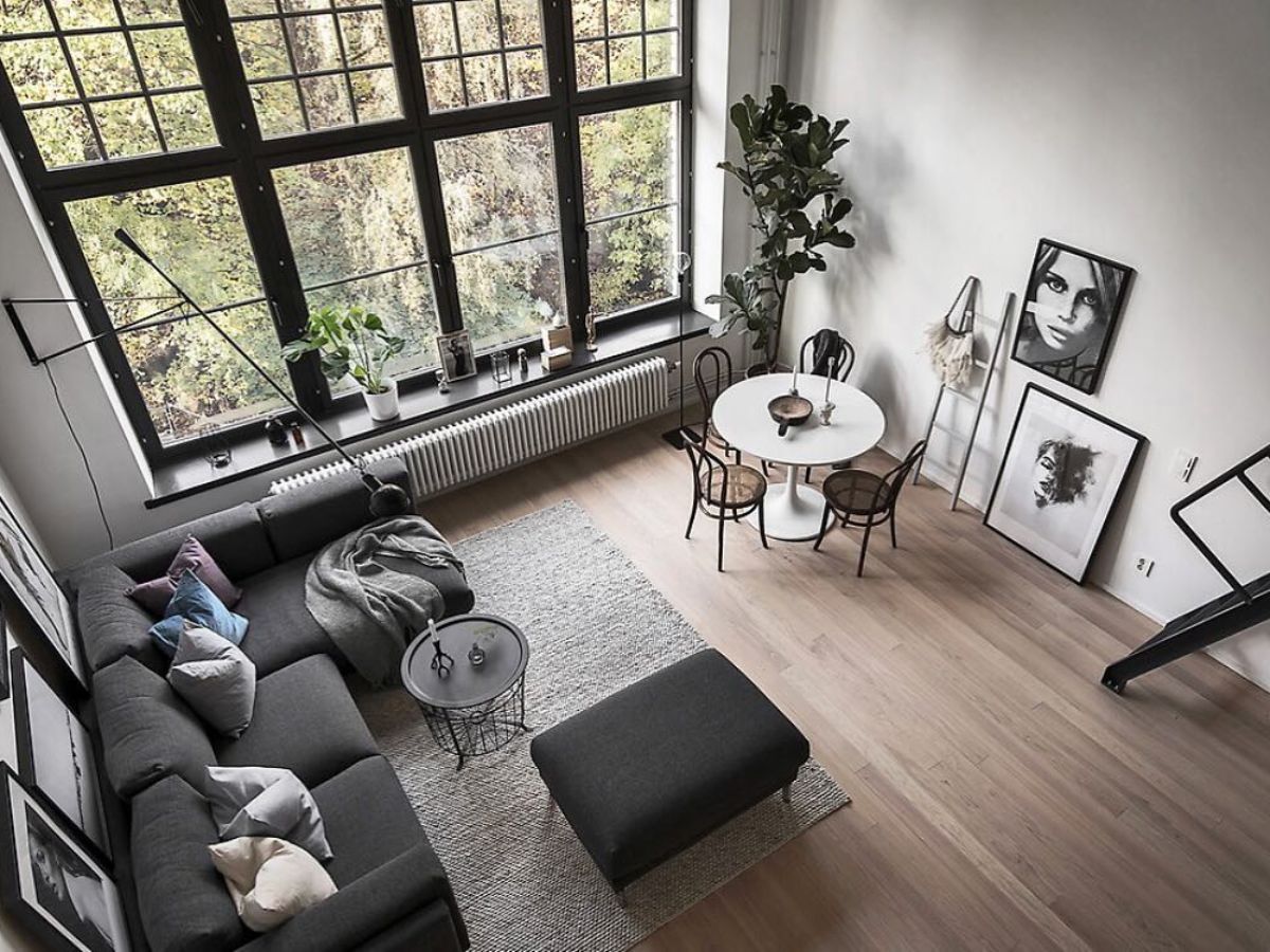 A Scandinavian living room from above