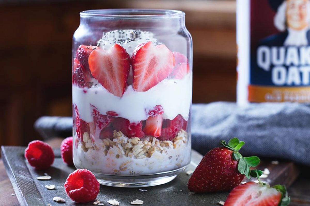 overnight oats with fruits raspberry and strawberry 