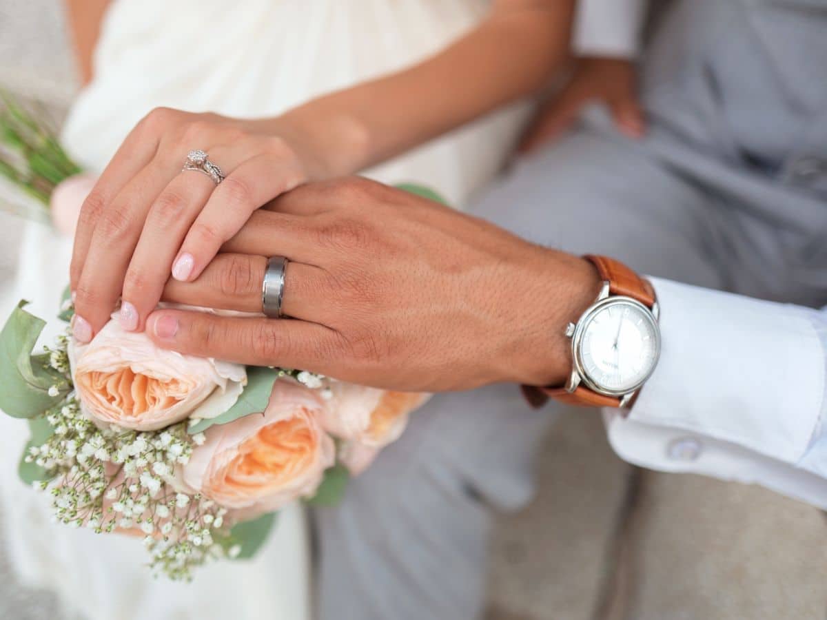 A man and a woman's hand with wedding rings