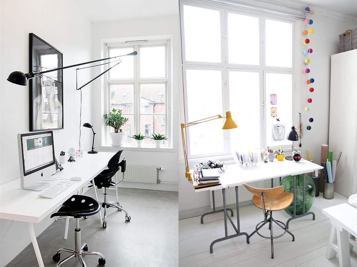 A black and white home office desk and a white desk with a brown chair