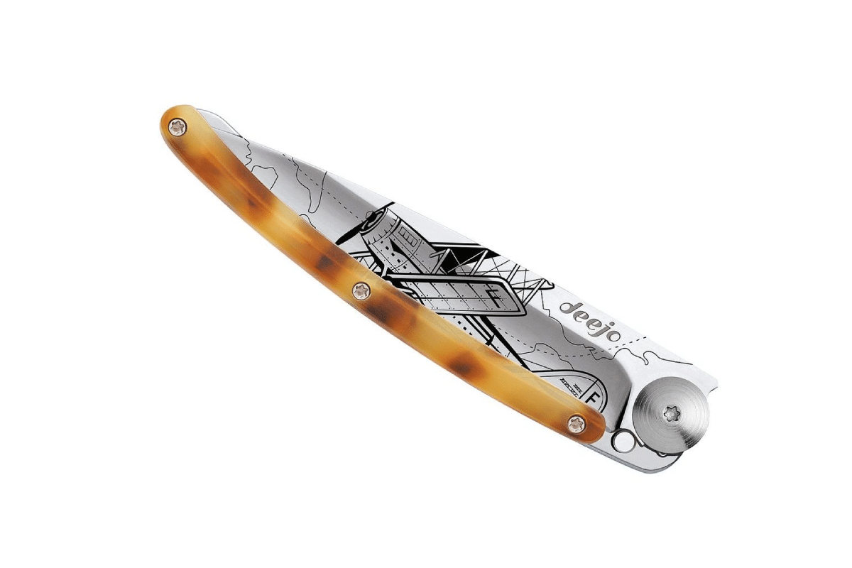 Deejo aviation tattoo tortoiseshell knife