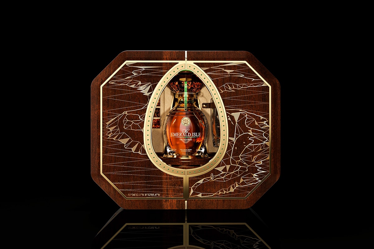 The Craft Irish Whiskey Co. x Fabergé set with ornate wooden case and intricate gold detailing. The Most Expensive Whisky ever sold