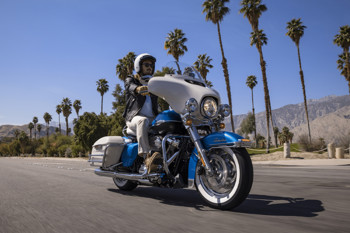 Harley davidson electra glibe icons collection riding on street