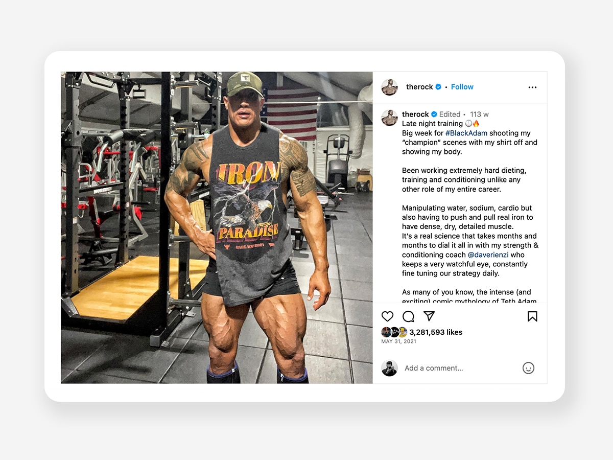 The Rock post-workout image post on Instagram