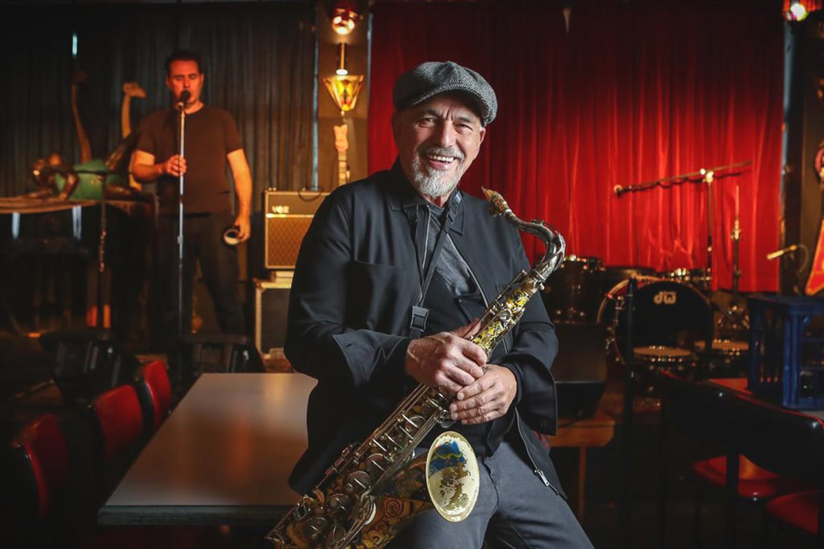 The Black Sorrows vocalist Joe Camilleri with saxophone at camelot lounge