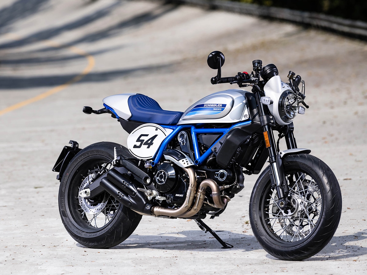 blue ducati scrambler cafe racer