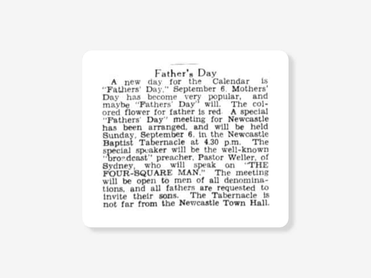 Clipping from The Newcastle Sun (1936) showing the first publicised mention of Father's Day in Australia | Image: Trove