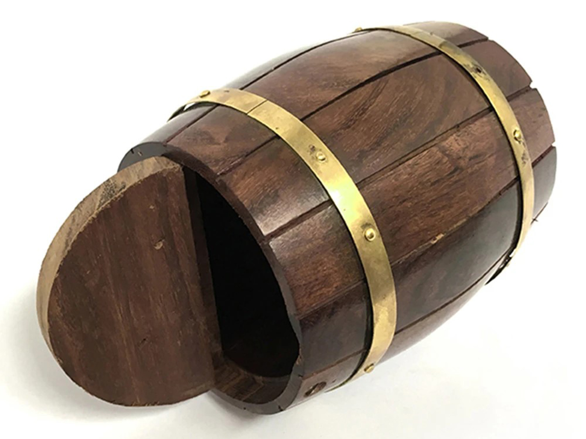 wooden wine barrel money box
