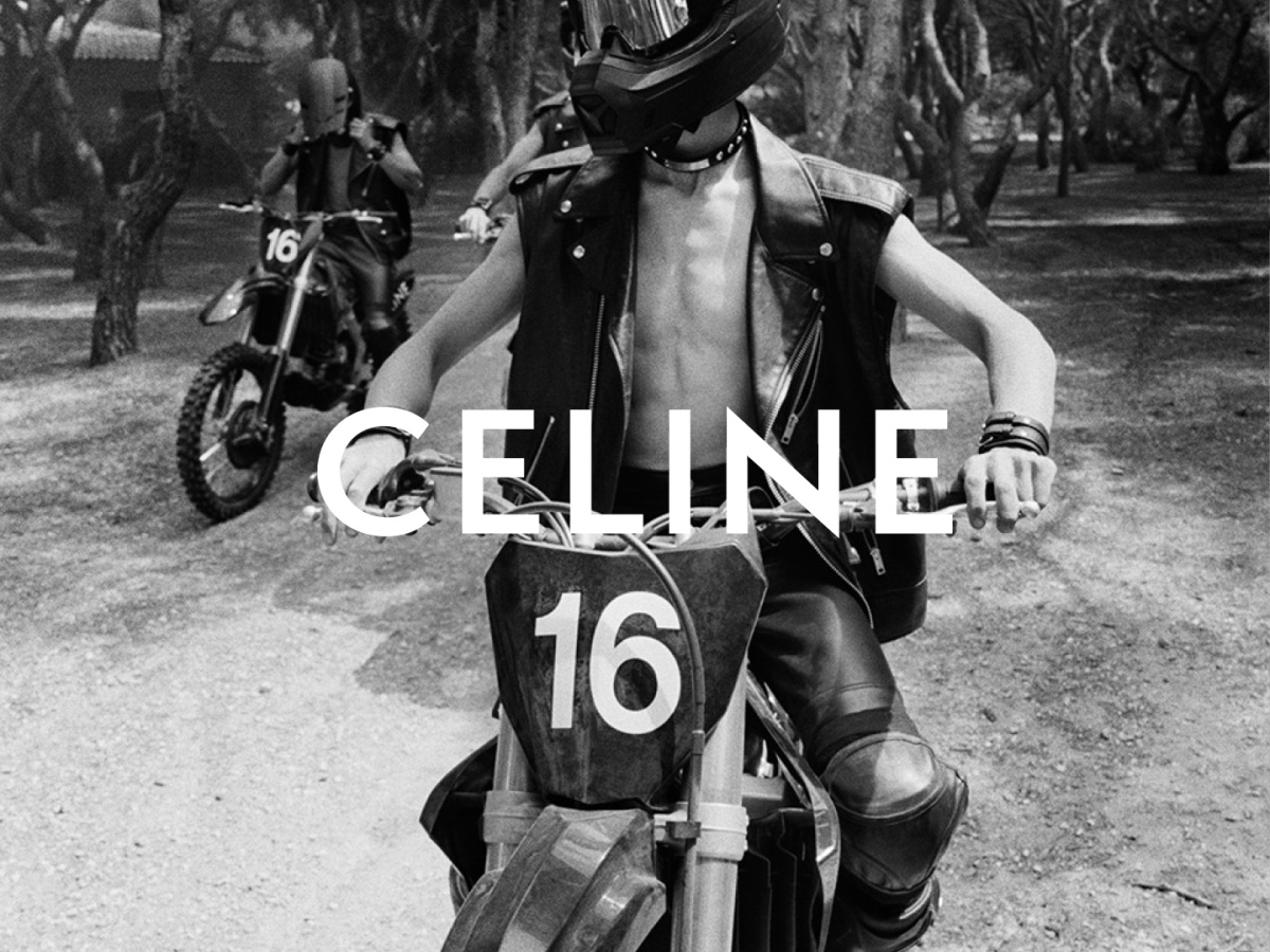 Man riding a motorcycle with edited logo of CELINE in the middle of the greyscaleimage