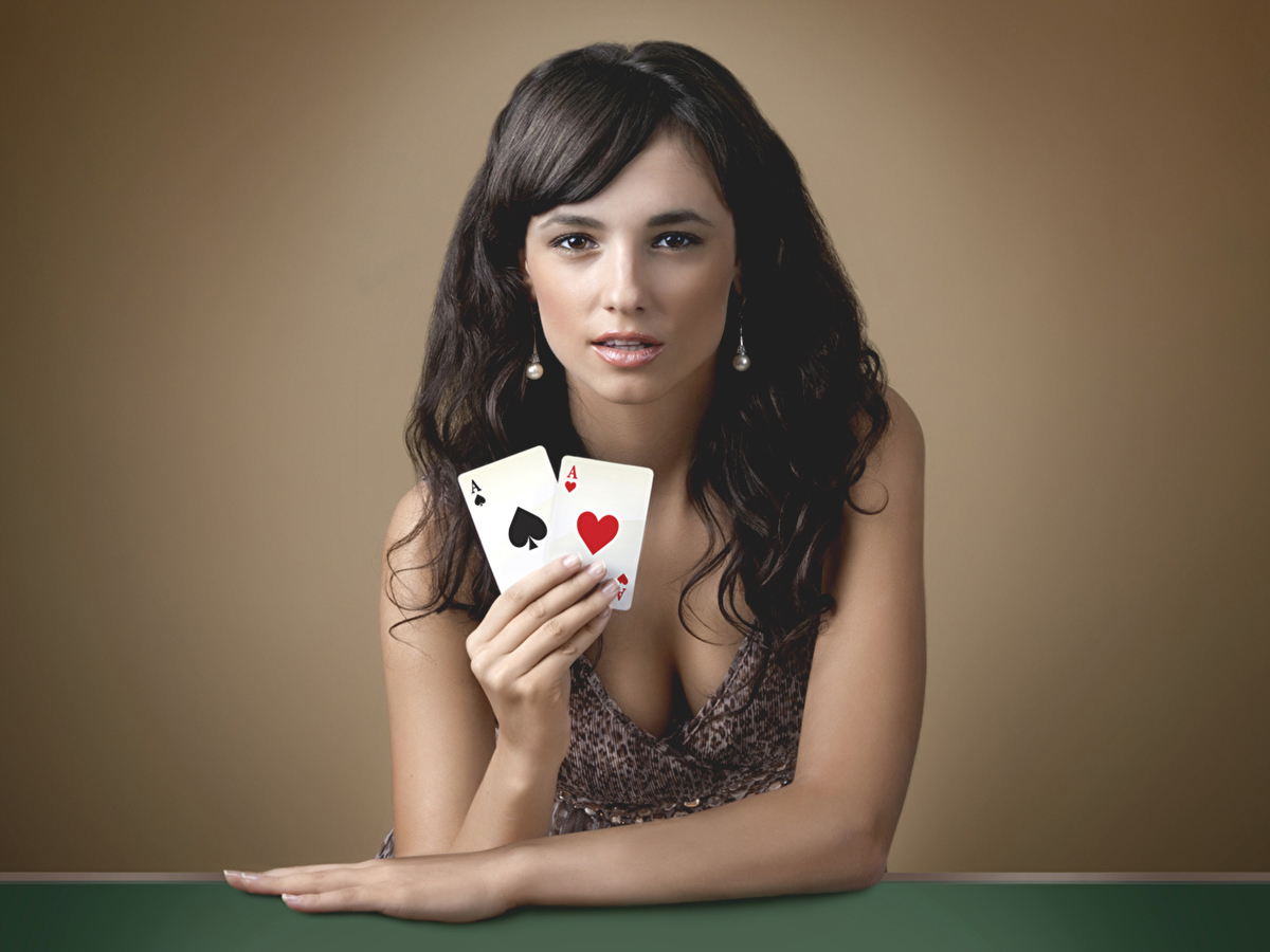 young woman playing strip poker