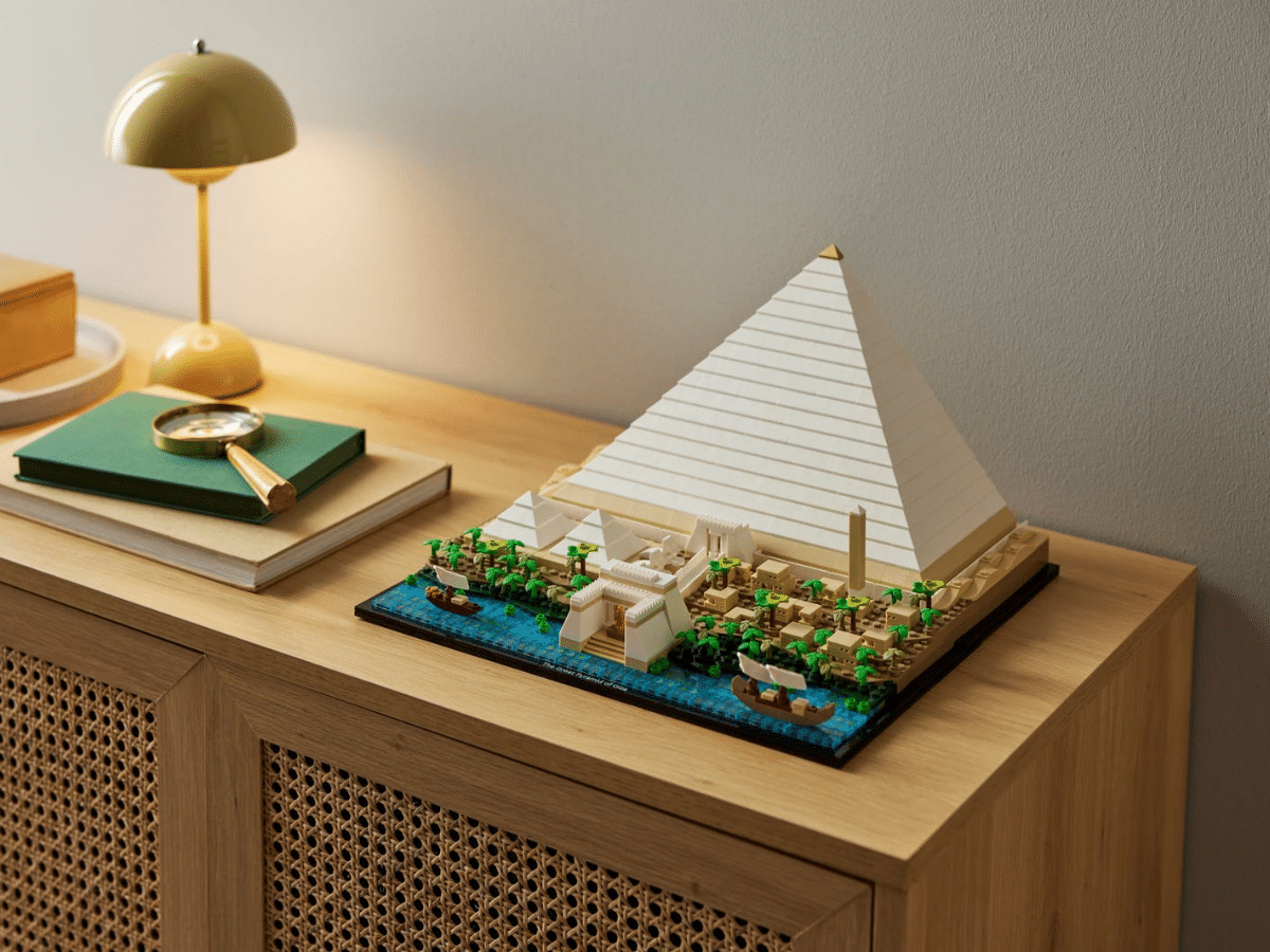 Lego pyramid of giza against wall