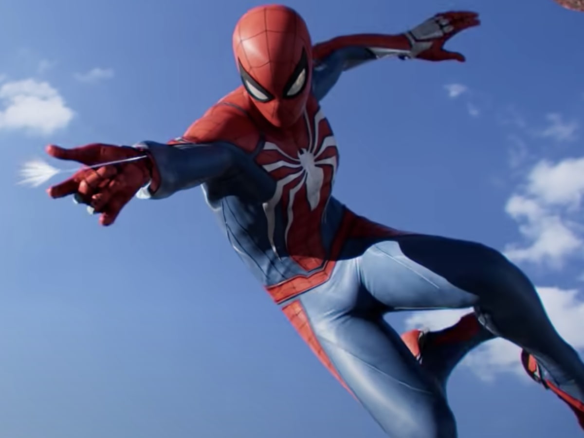 Spider-Man swinging through the air in Spider-Man