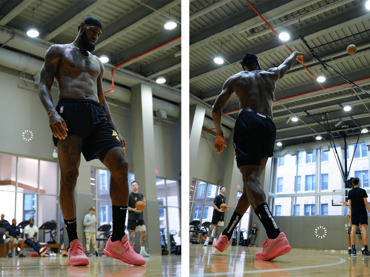Lebron shooting around in new pink sneaker