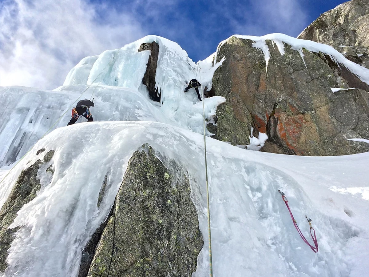 Basic mountaineering course with blue lake ice climbing