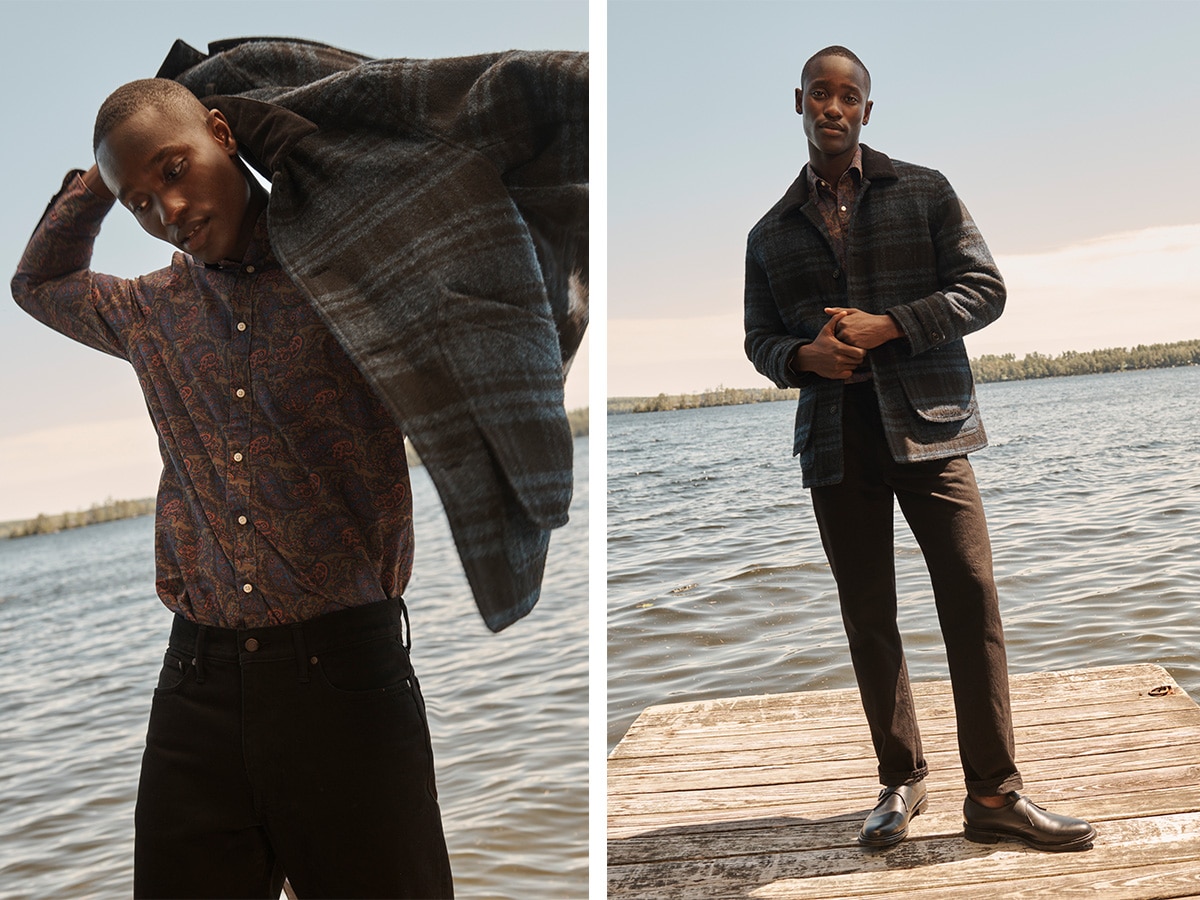 J crew fall autumn 22 plaid jacket and patterned button up shirt