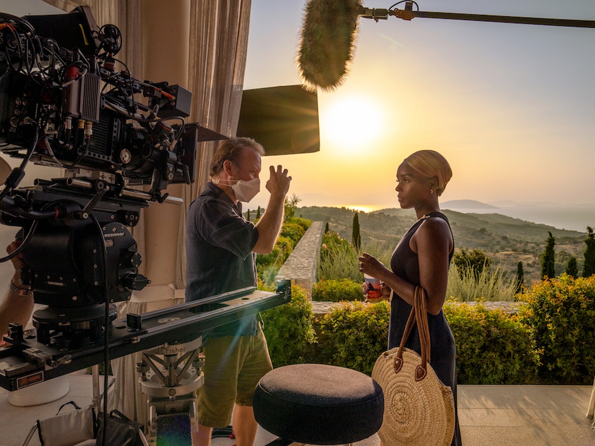 Rian Johnson and Janelle Monáe filming 'Glass Onion: A Knives Out Mystery' (2022) | Image: Netflix