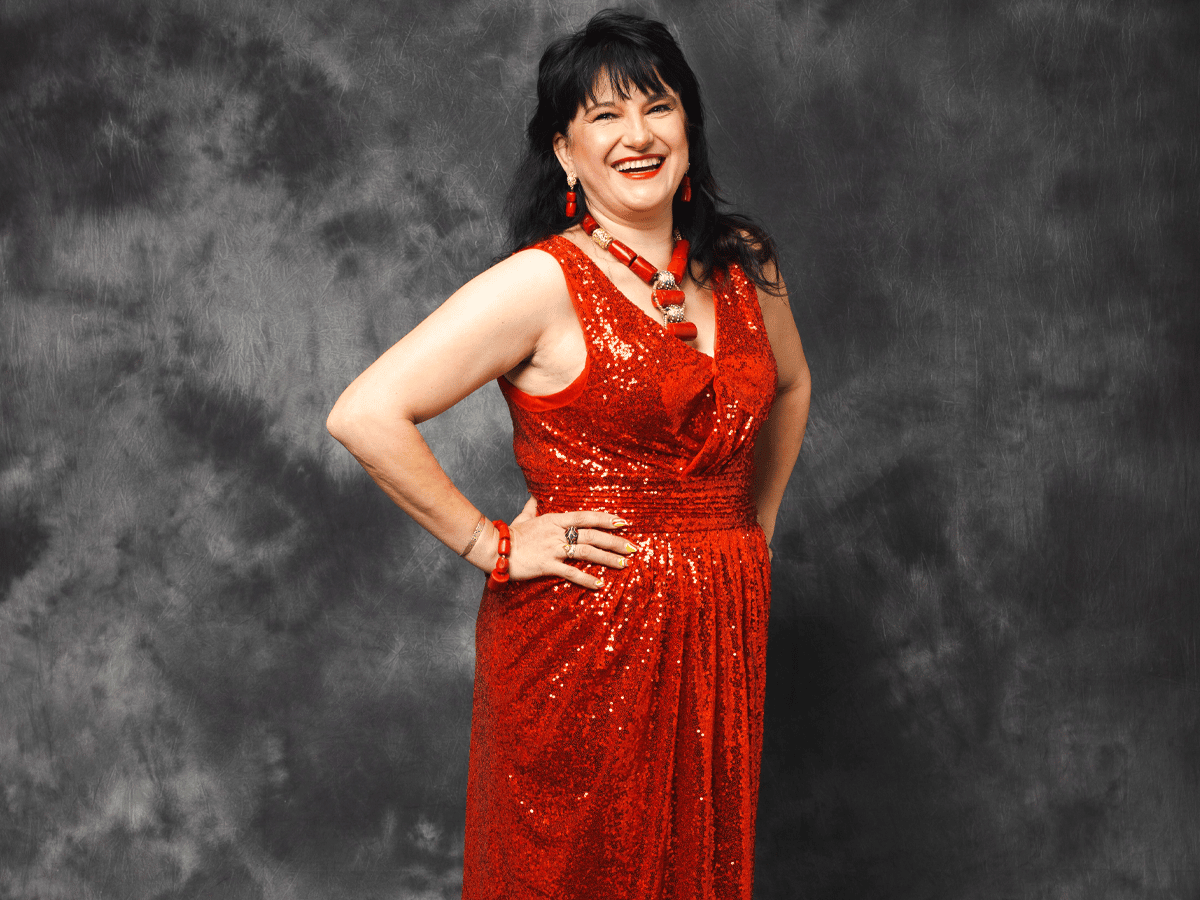Woman wearing a sparkly red dress