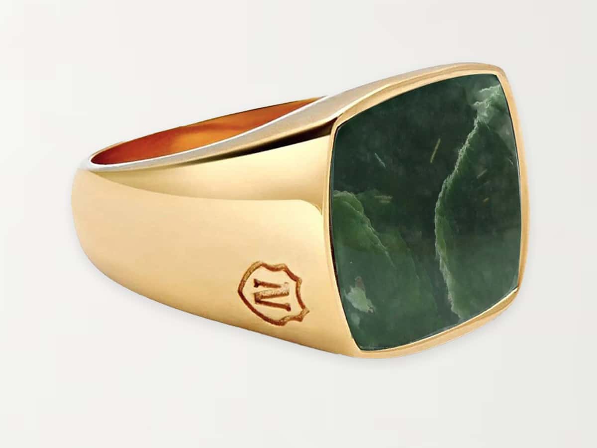 Nialaya mens gold signet ring with green jade