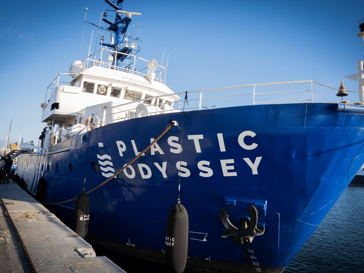 Docked plastic odyssey ship