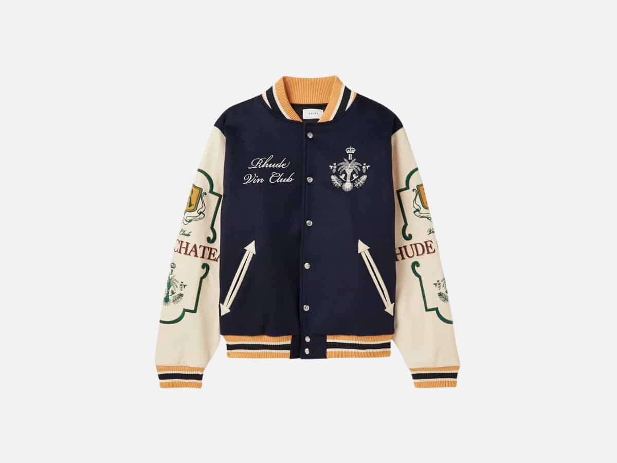 Rhude wine club logo embroidered full grain leather and wool blend bomber jacket