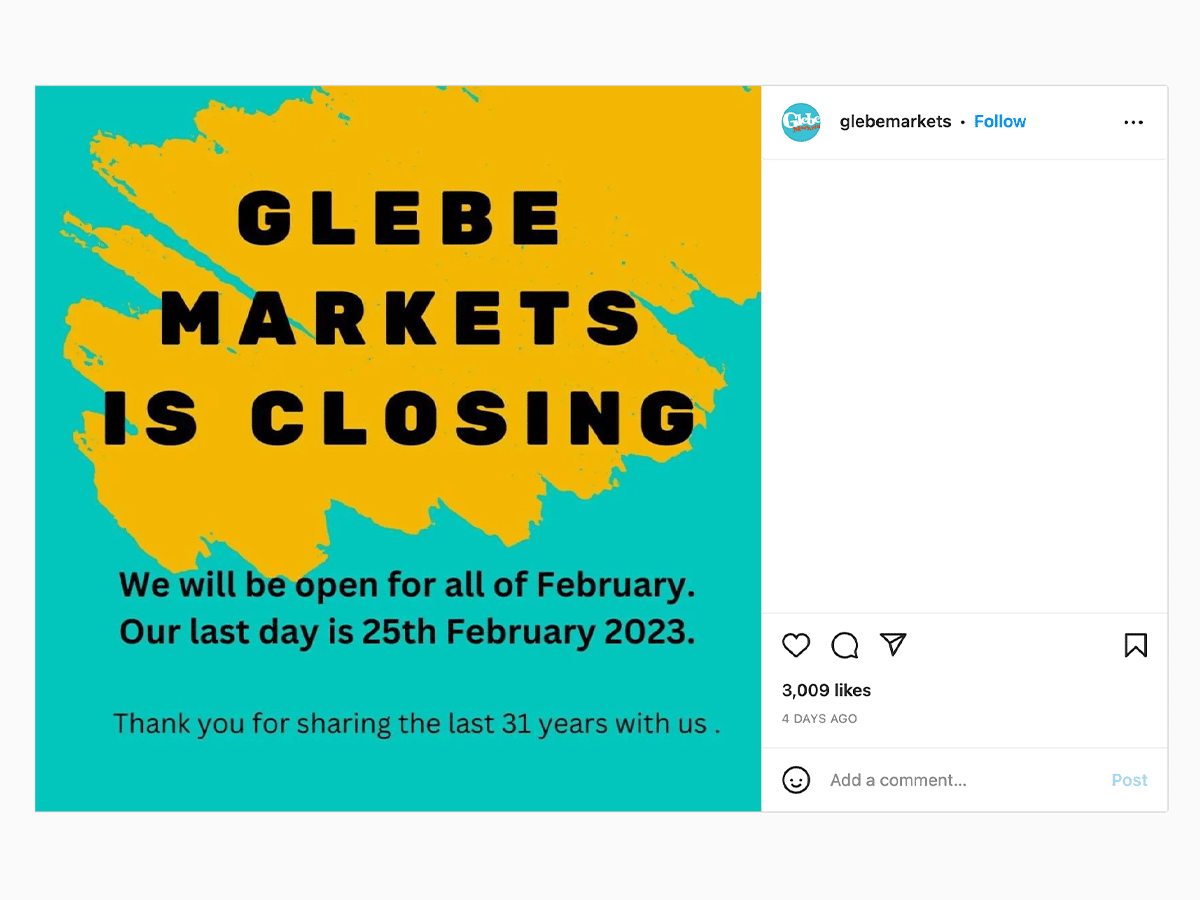 Glebe markets closing 2