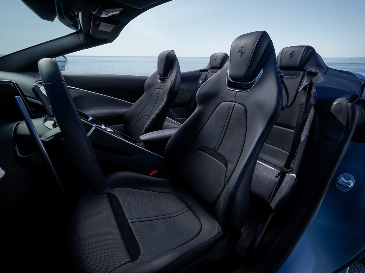 Ferrari roma spider interior in black with blue stitching