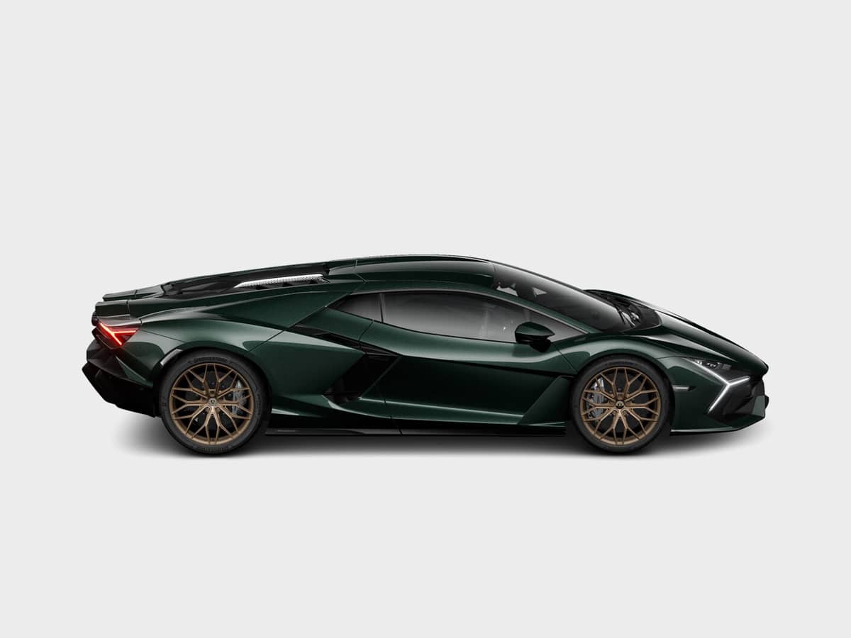 Lamborghini revuelto in verde hydra with bronze wheels side angle