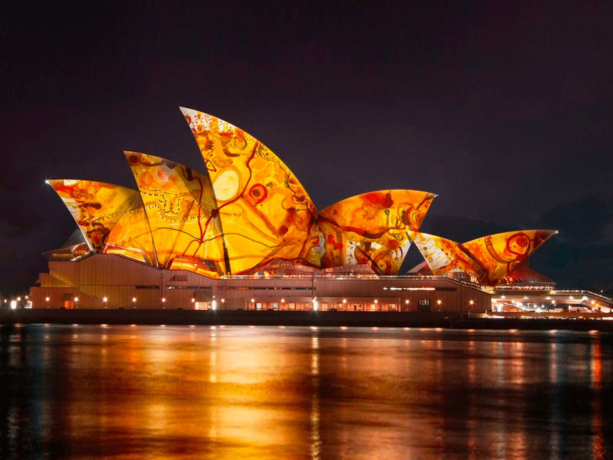 John Olsen and Curiious, Lighting of the Sails: Life Enlivened (2023), digital render. Co-commissioned by Destination NSW and Sydney Opera House.