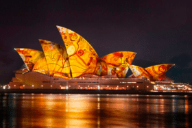 John Olsen and Curiious, Lighting of the Sails: Life Enlivened (2023), digital render. Co-commissioned by Destination NSW and Sydney Opera House.