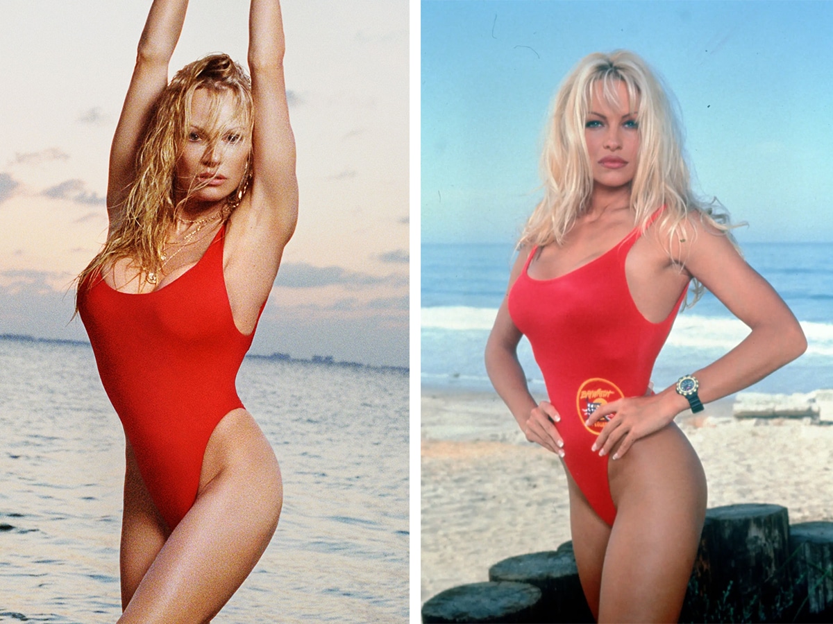 Pamela anderson frankies bikini red swimsuit side by side