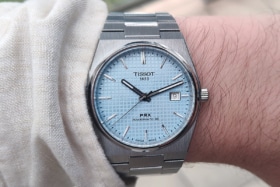 Tissot prx powermatic 80 ice blue dial on wrist feature