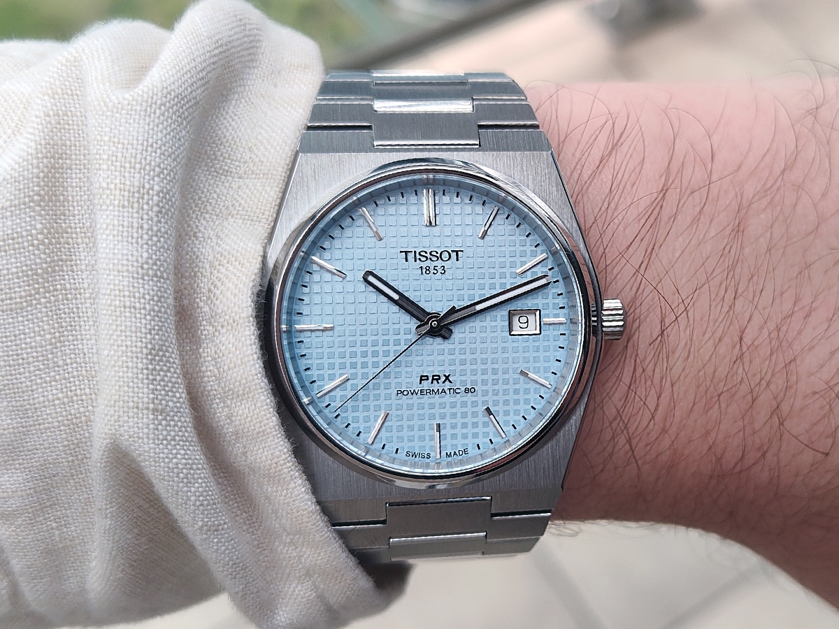Tissot prx powermatic 80 ice blue dial on wrist feature
