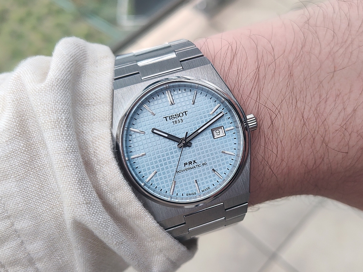 Tissot prx powermatic 80 ice blue dial on wrist