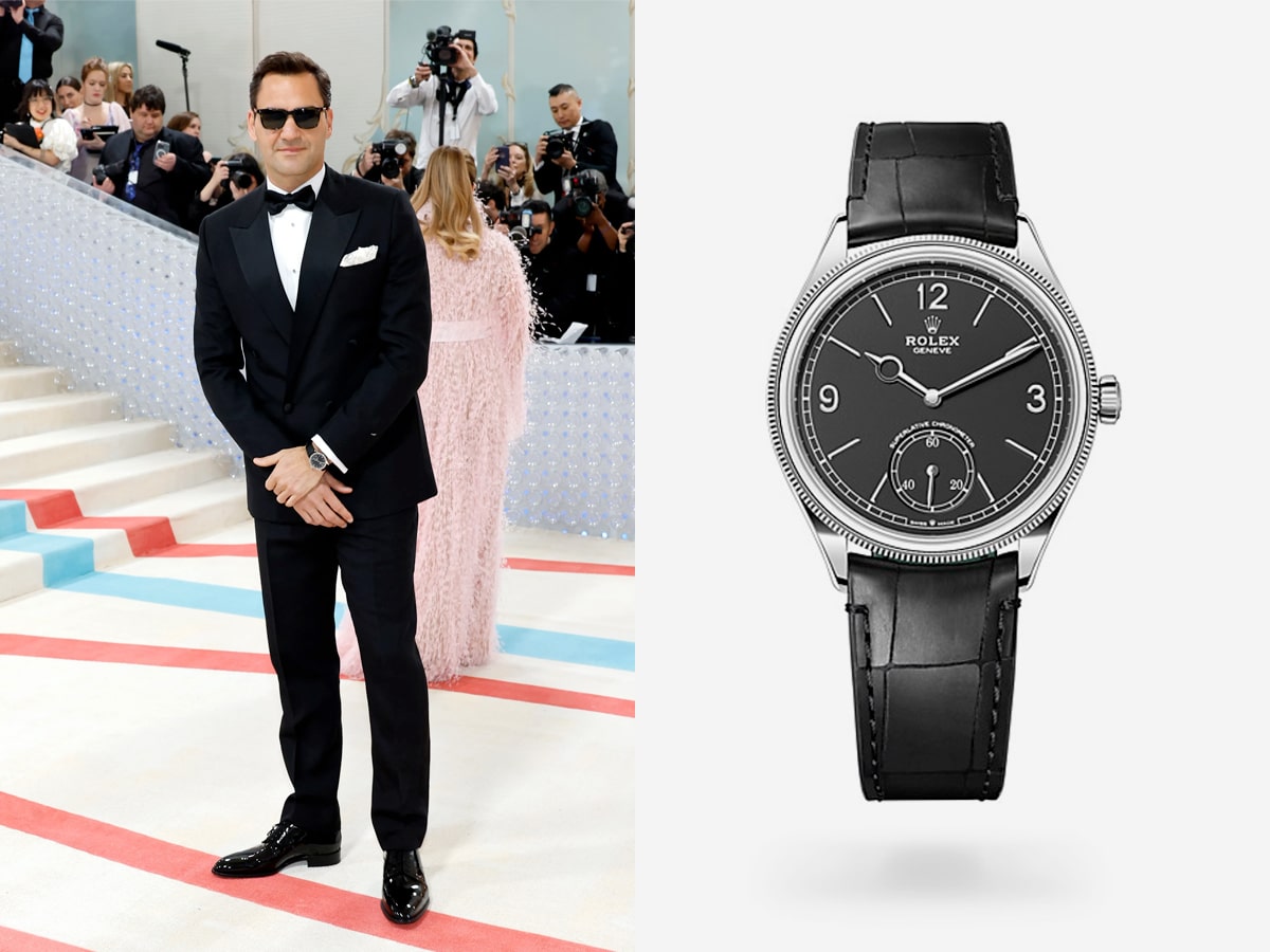 Roger Federer with the Rolex 1908 at the 2023 Met Gala | Image: Getty Images/Rolex
