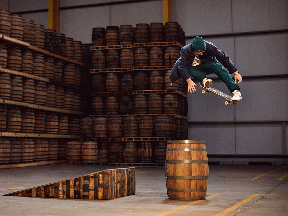 Jameson x dickies collaboration jumping over barrel