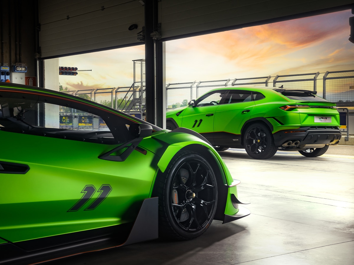 Lamborghini urus performante essenza scv12 in garage with hypercar