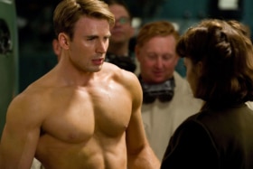 Peggy Carter looking at Steve Rogers’ bare chest