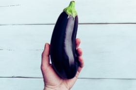 Close up of a hand holding an eggplant