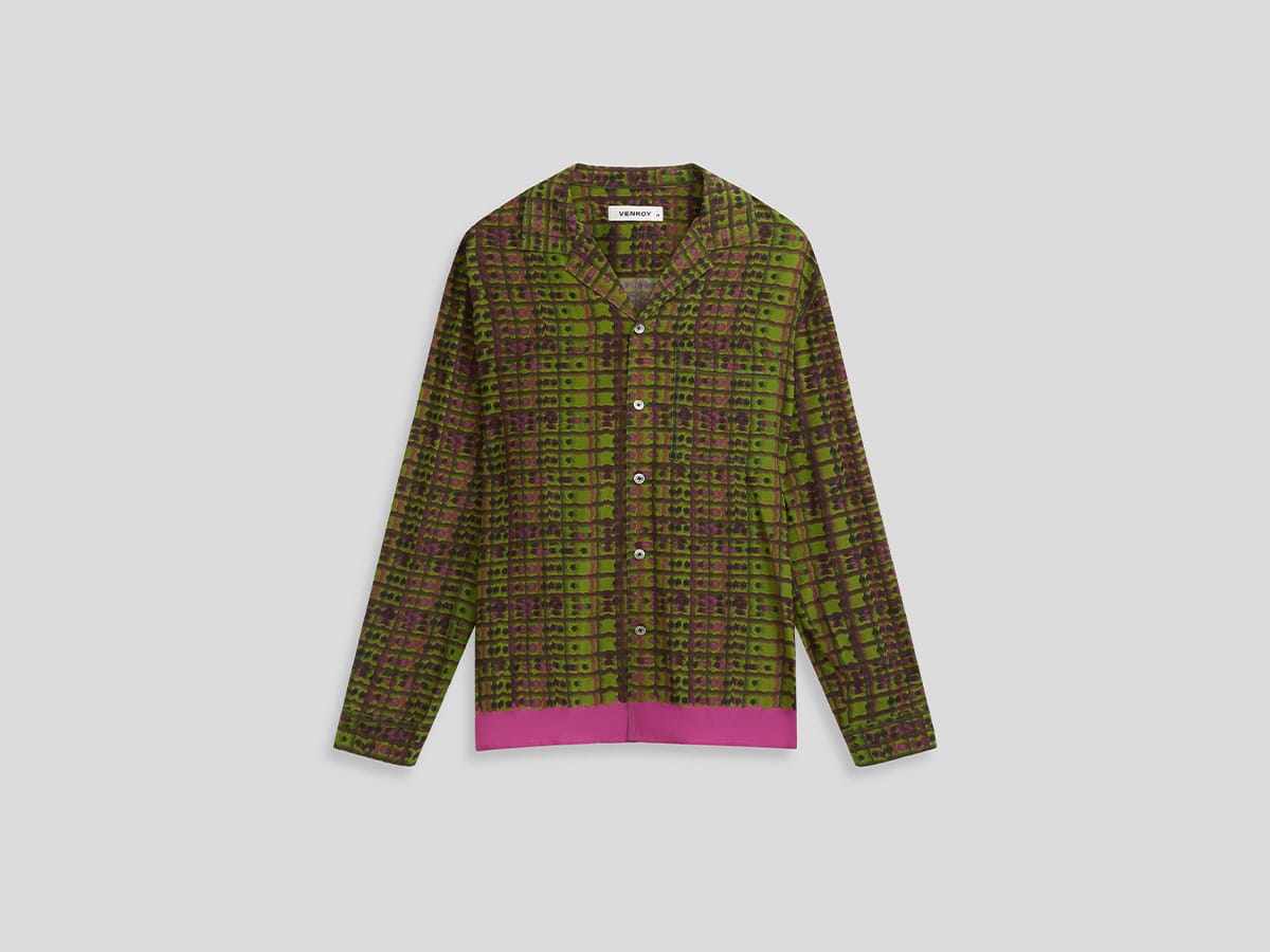 Relaxed Silk Camp Collar Shirt-Hazy Green Floral | Image: Venroy