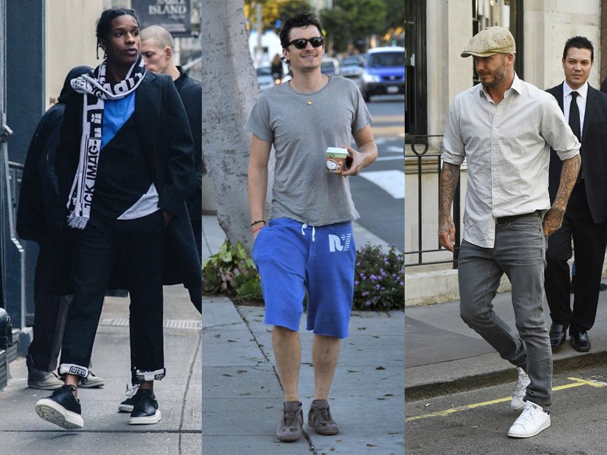 Collage of A$AP Rocky, Orlando Bloom, and David Beckham wearing sneakers outdoor