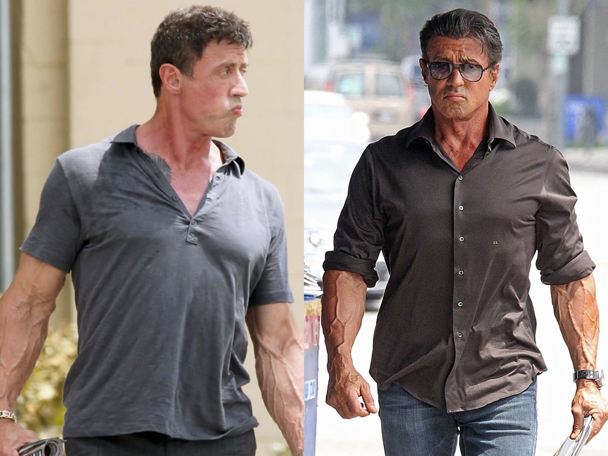 Two different images of Sylvester Stallone side by side showing his big forearms