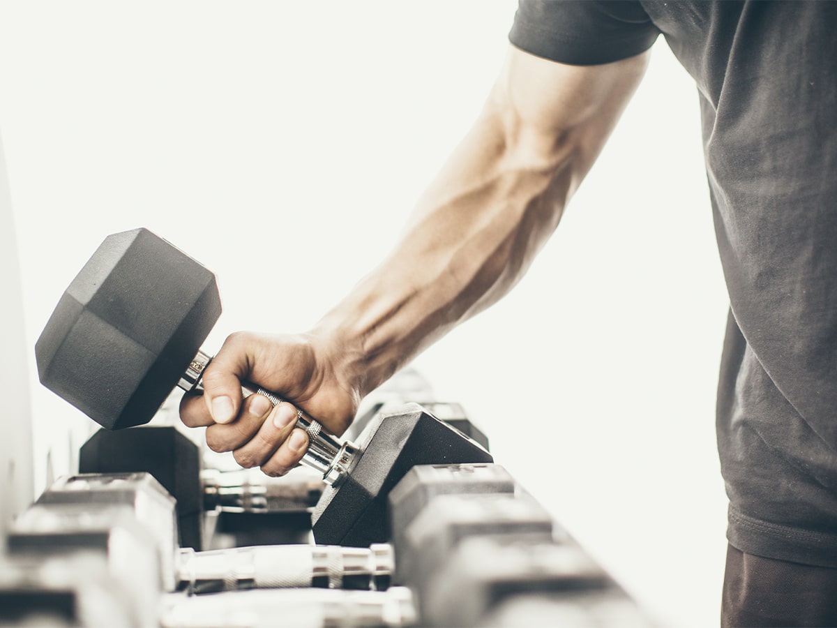 Close up of a man’s arm lifting a dumbbell from a row of dumbbells