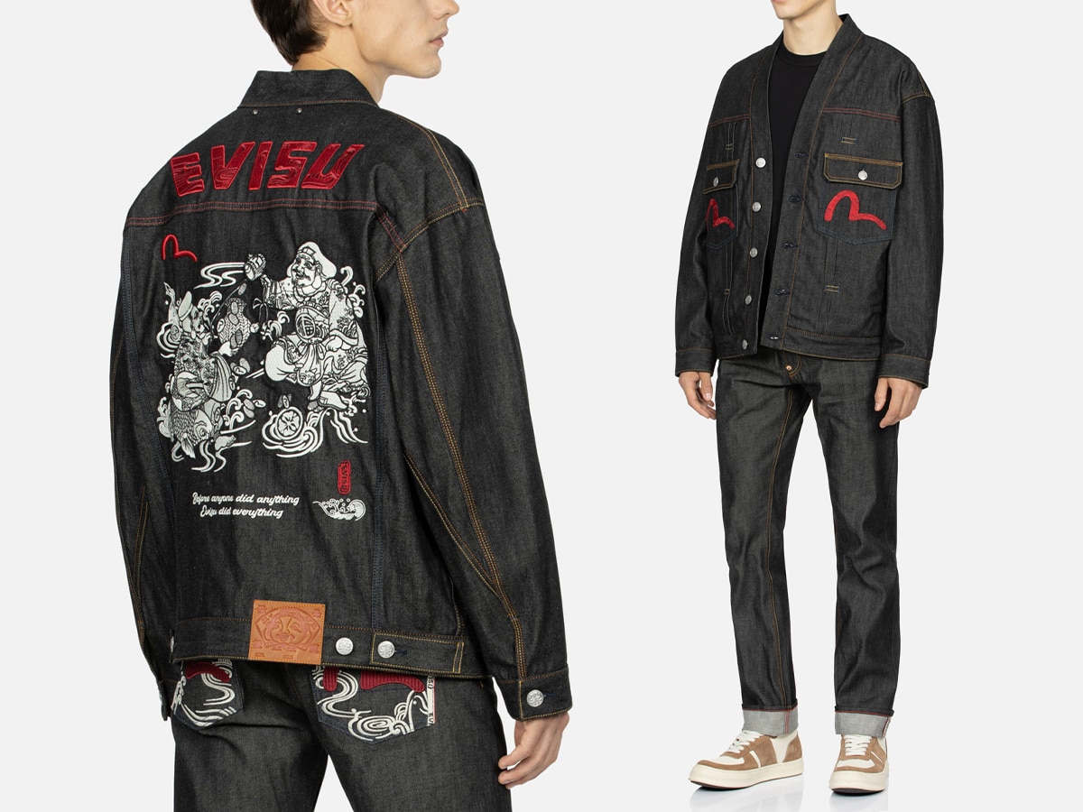 Male model wearing Evisu kimono denim jacket and slim fit jeans with plain white background