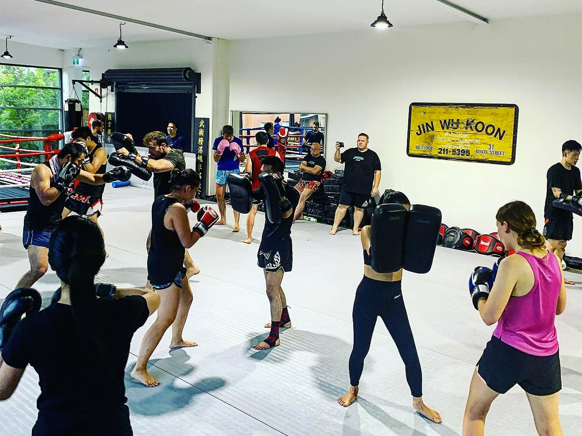 Class doing sparring drills at Jin Wu Moon Martial Arts gym