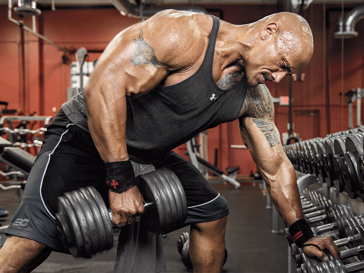 The Rock doing one arm dumbbell row workout