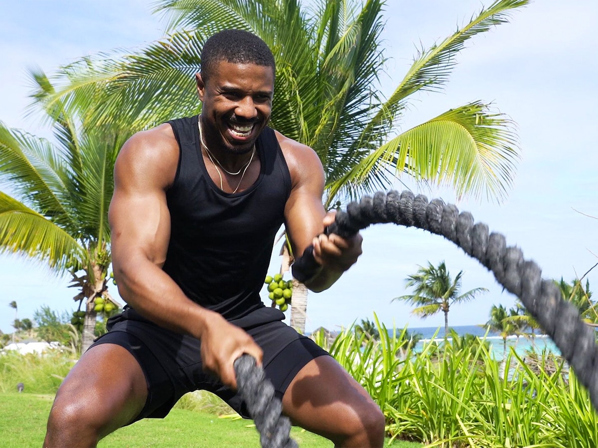 Michael B. Jordan doing battling-rope exercise