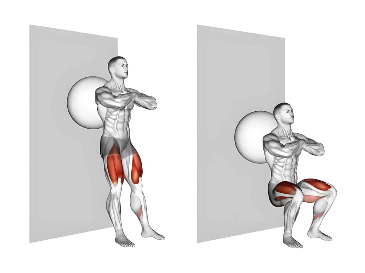 Figure illustration of a man doing Swiss ball wall squat