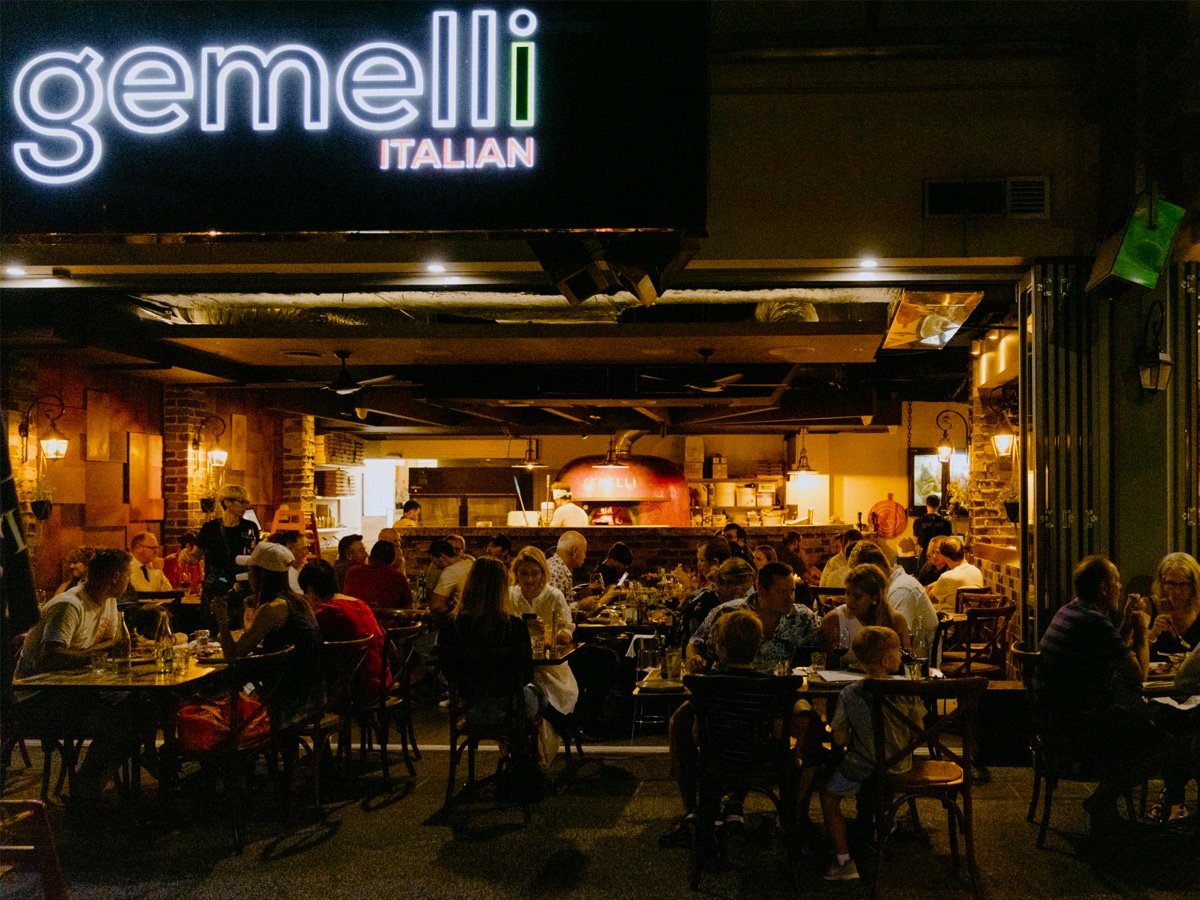 Front view of Gemelli Italian restaurant outdoor with sophisticated exterior design